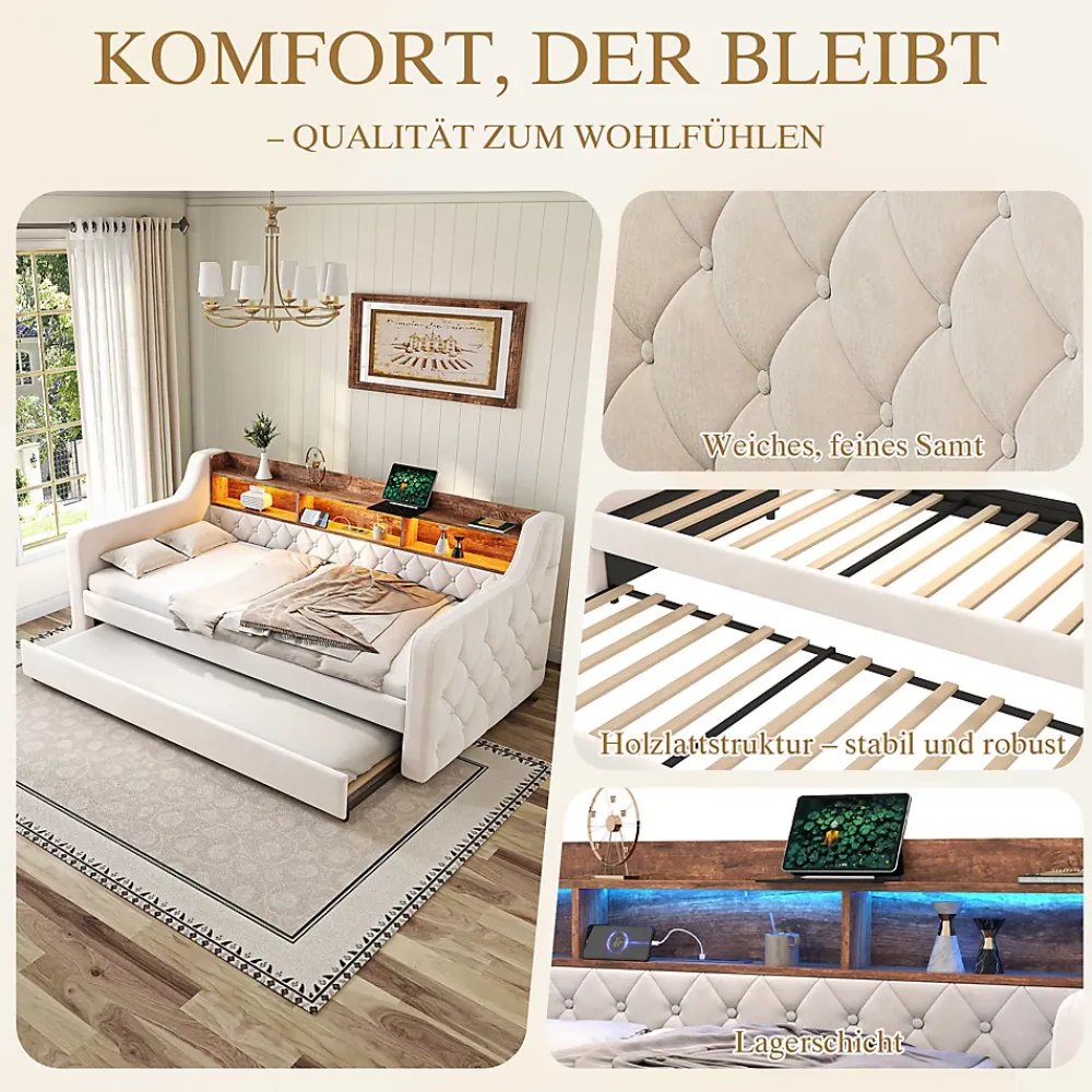 Okwish Lit Gigogne 90x190 cm Beige avec Rangement Intégré, Éclairage LED et Port USB, Tissu Velours* Lit Gigogne