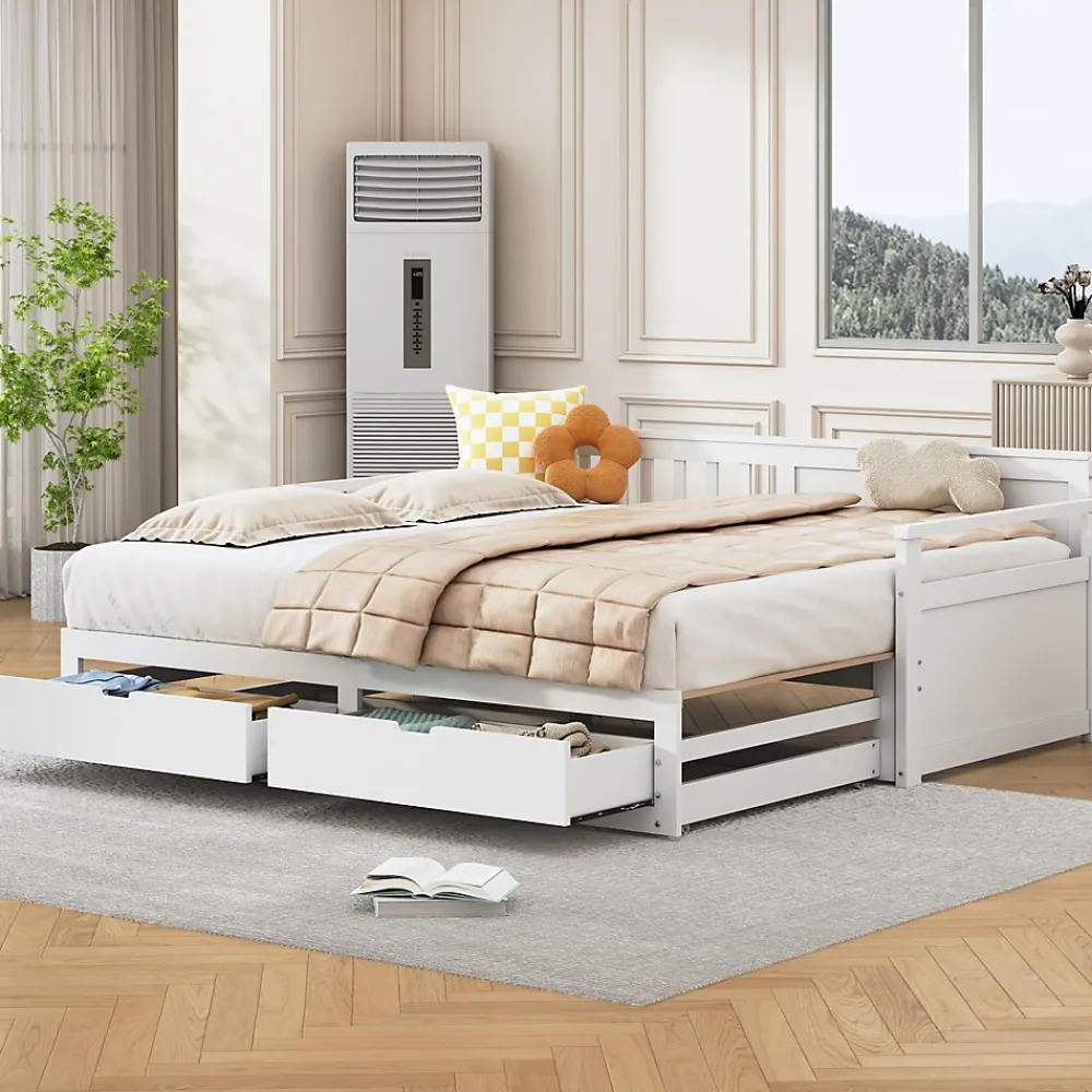 Lit Gigogne 90/180x190 cm Bois Blanc avec Tiroirs et Lit Sur Roulettes, Multifonction pour Chambre enfant, Blanc>Okwish Clearance