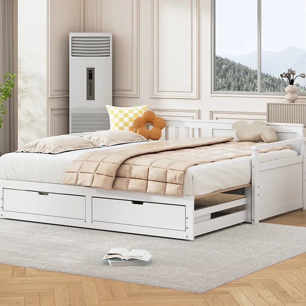 Lit Gigogne 90/180x190 cm Bois Blanc avec Tiroirs et Lit Sur Roulettes, Multifonction pour Chambre enfant, Blanc>Okwish Clearance