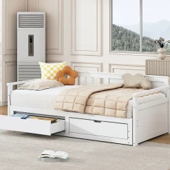 Lit Gigogne 90/180x190 cm Bois Blanc avec Tiroirs et Lit Sur Roulettes, Multifonction pour Chambre enfant, Blanc><noscript><img width=