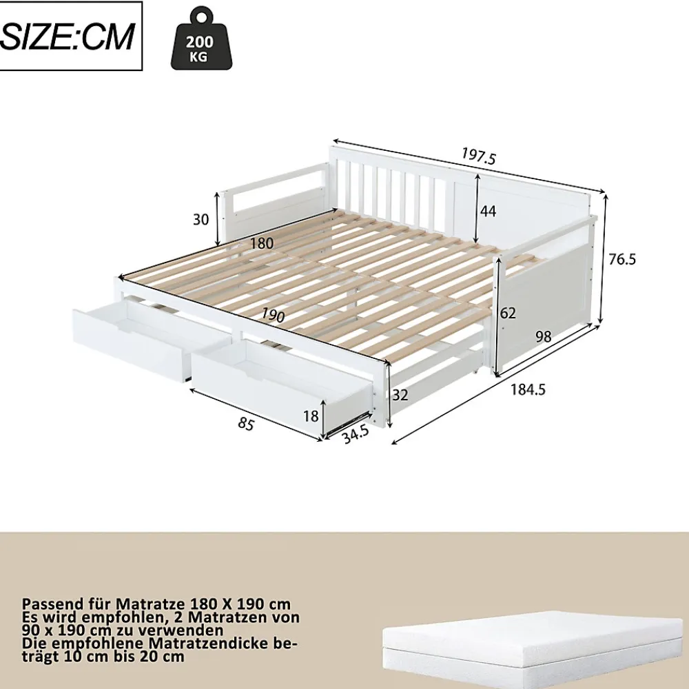 Lit Gigogne 90/180x190 cm Bois Blanc avec Tiroirs et Lit Sur Roulettes, Multifonction pour Chambre enfant, Blanc>Okwish Clearance