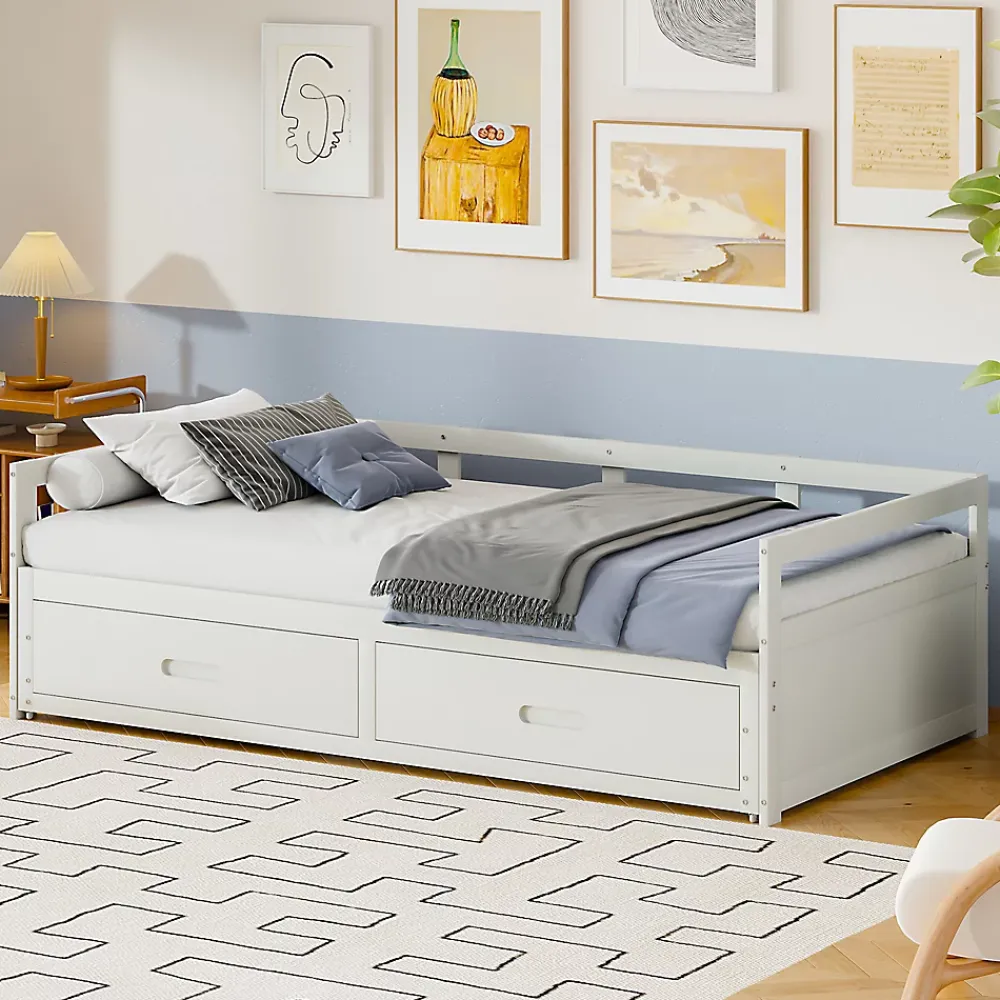 Okwish Lit Gigogne 90/180x190 cm Bois Blanc avec Tiroirs et Sommier À Lattes, Multifonction pour Chambre enfant, Blanc* Lit Gigogne