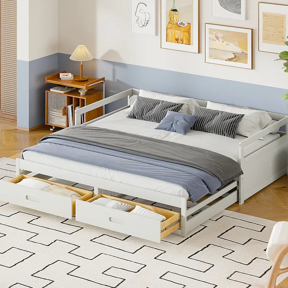 Okwish Lit Gigogne 90/180x190 cm Bois Blanc avec Tiroirs et Sommier À Lattes, Multifonction pour Chambre enfant, Blanc* Lit Gigogne
