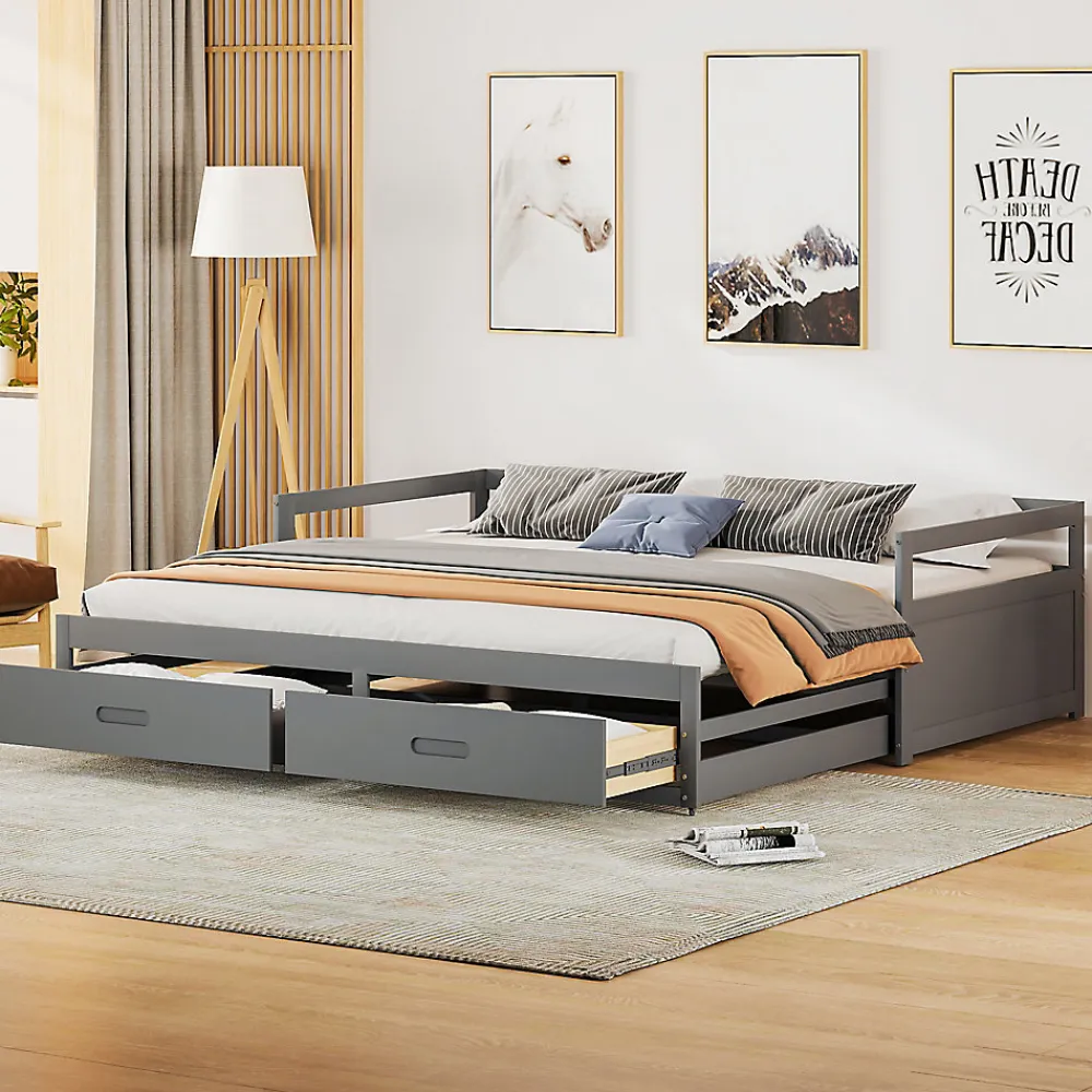 Lit Gigogne 90/180x190 cm Bois Gris avec Tiroirs et Sommier À Lattes, Multifonction pour Chambre enfant, Gris>Okwish Outlet