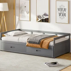 Lit Gigogne 90/180x190 cm Bois Gris avec Tiroirs et Sommier À Lattes, Multifonction pour Chambre enfant, Gris><noscript><img width=