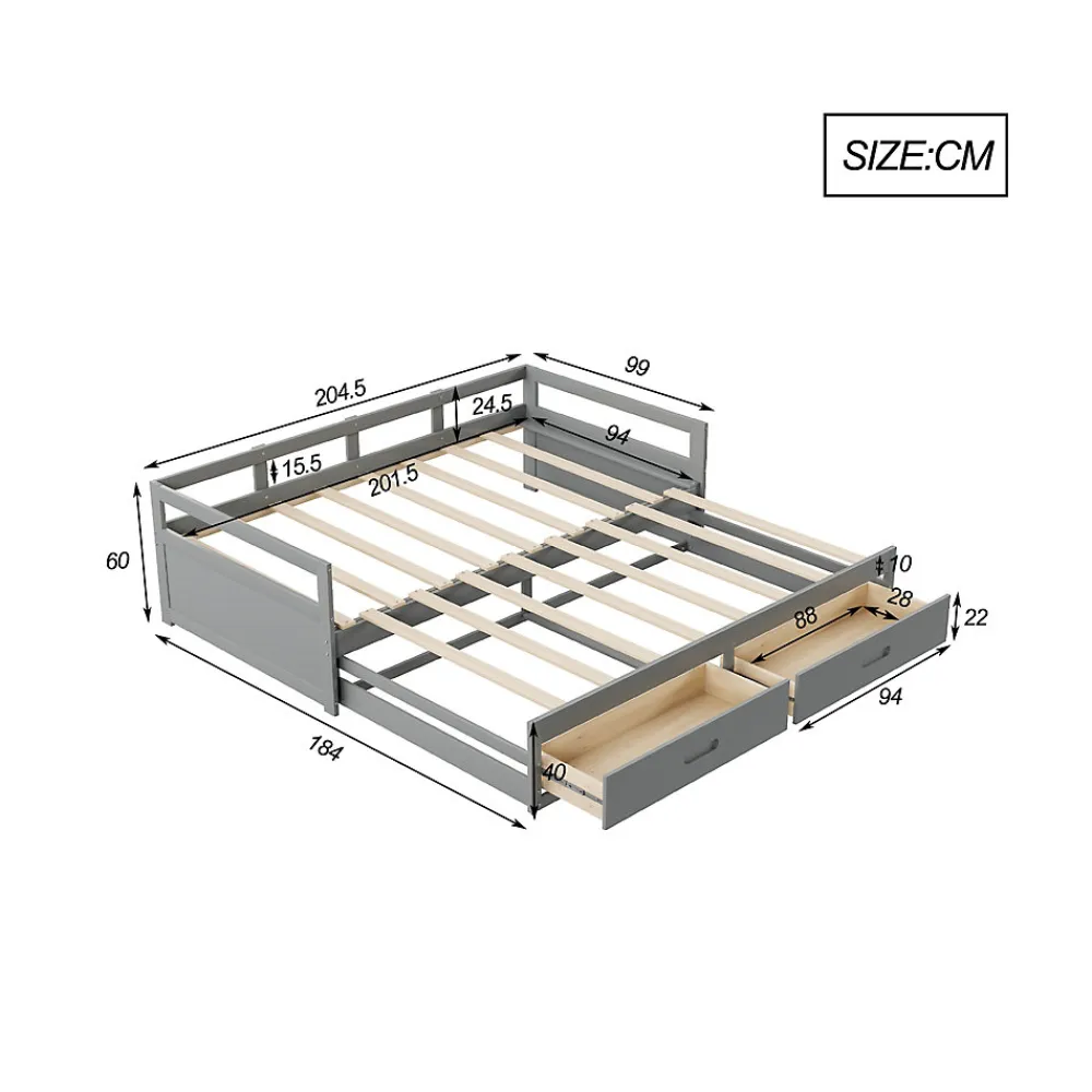 Lit Gigogne 90/180x190 cm Bois Gris avec Tiroirs et Sommier À Lattes, Multifonction pour Chambre enfant, Gris>Okwish Outlet