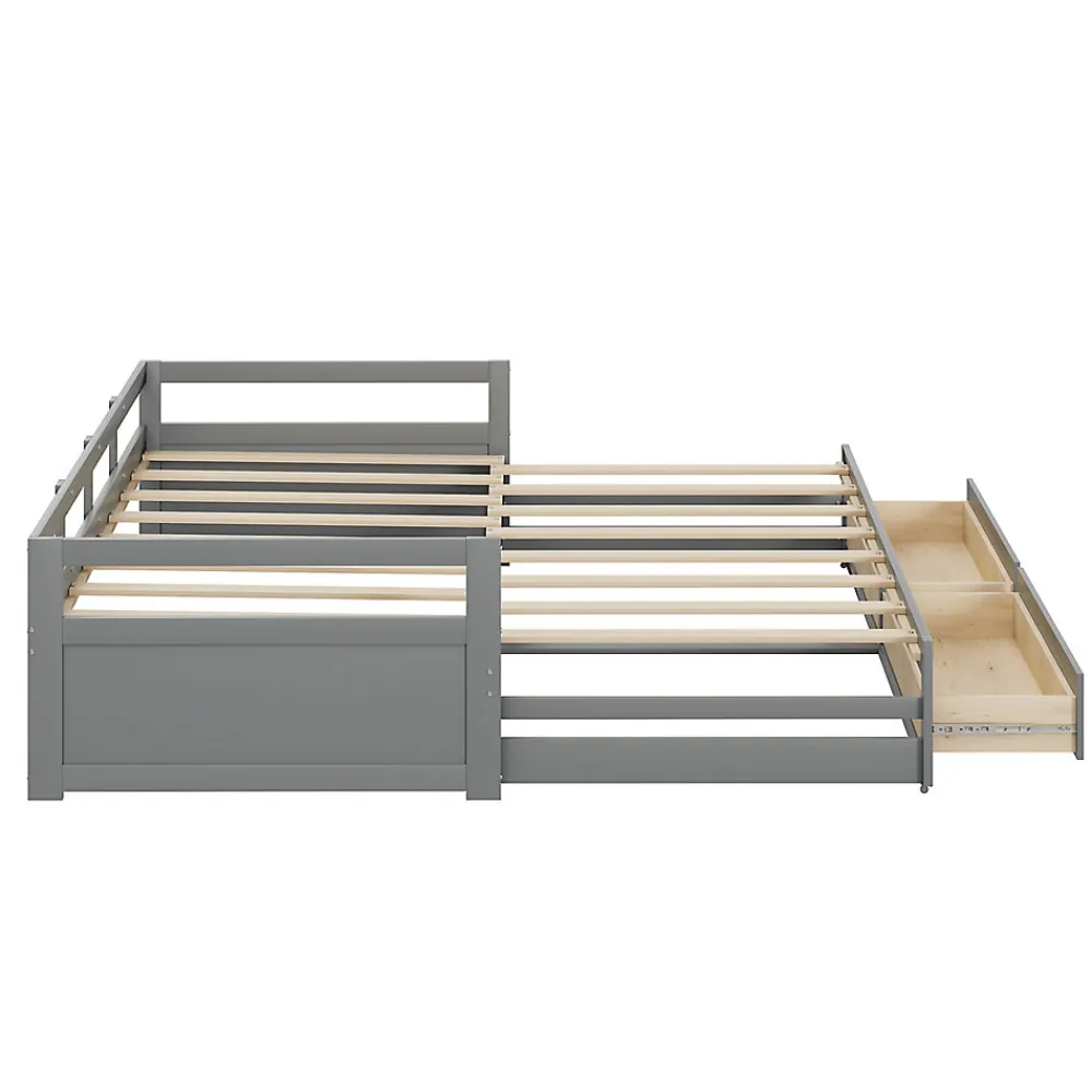 Lit Gigogne 90/180x190 cm Bois Gris avec Tiroirs et Sommier À Lattes, Multifonction pour Chambre enfant, Gris>Okwish Outlet