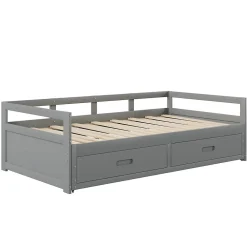 Lit Gigogne 90/180x190 cm Bois Gris avec Tiroirs et Sommier À Lattes, Multifonction pour Chambre enfant, Gris><noscript><img width=