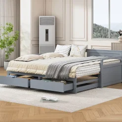 Okwish Lit Gigogne 90/180x190 cm Bois Gris avec Tiroirs et Lit Sur Roulettes, Multifonction pour Chambre enfant, Gris* Lit Gigogne