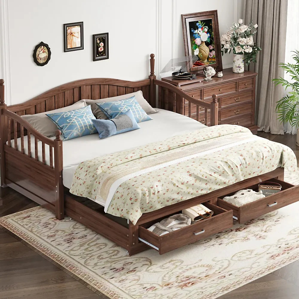 Okwish Lit Gigogne 90/180x190 cm Bois Massif avec Tiroir et Sommier À Lattes, Multifonction pour Chambre enfant Ou Ado, Noyer* Lit Gigogne