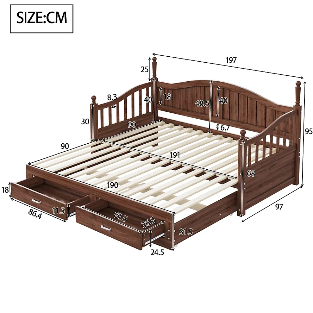 Okwish Lit Gigogne 90/180x190 cm Bois Massif avec Tiroir et Sommier À Lattes, Multifonction pour Chambre enfant Ou Ado, Noyer* Lit Gigogne