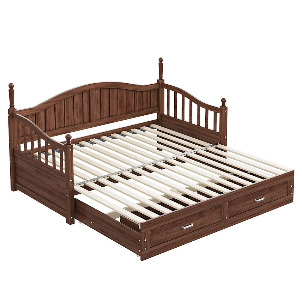 Okwish Lit Gigogne 90/180x190 cm Bois Massif avec Tiroir et Sommier À Lattes, Multifonction pour Chambre enfant Ou Ado, Noyer* Lit Gigogne