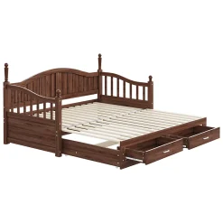 Okwish Lit Gigogne 90/180x190 cm Bois Massif avec Tiroir et Sommier À Lattes, Multifonction pour Chambre enfant Ou Ado, Noyer* Lit Gigogne
