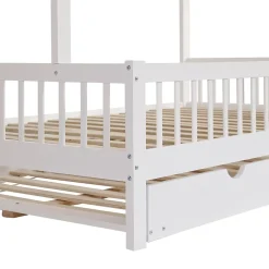 Okwish Lit Gigogne 120x200 cm Cabane enfant avec Tiroirs Rangement, Toit Cheminée, Protection Anti-Chute, Bois, Blanc, Sans Matelas* Lit Gigogne