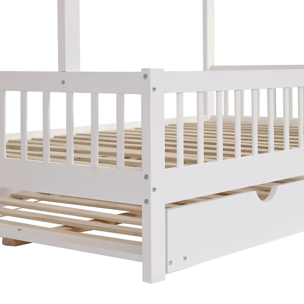 Okwish Lit Gigogne 120x200 cm Cabane enfant avec Tiroirs Rangement, Toit Cheminée, Protection Anti-Chute, Bois, Blanc, Sans Matelas* Lit Gigogne