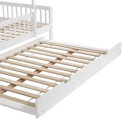 Okwish Lit Gigogne 120x200 cm Cabane enfant avec Tiroirs Rangement, Toit Cheminée, Protection Anti-Chute, Bois, Blanc, Sans Matelas* Lit Gigogne