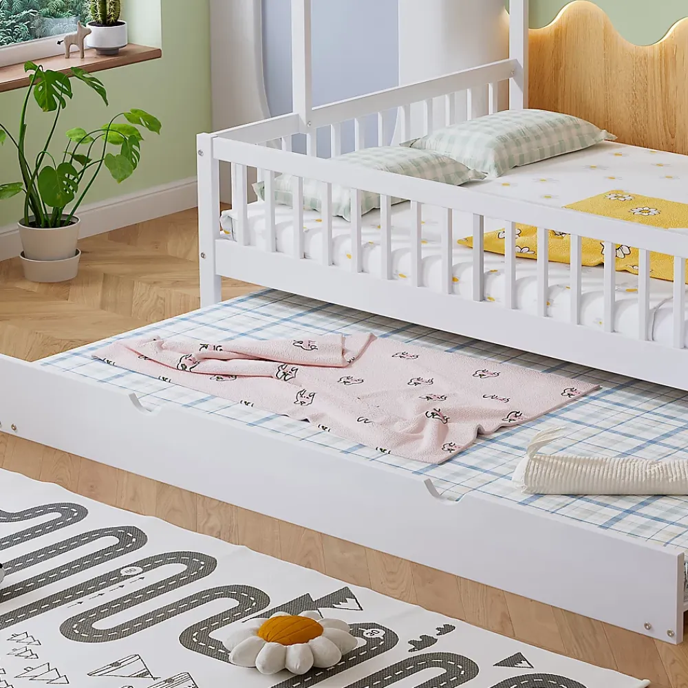 Okwish Lit Gigogne 120x200 cm Cabane enfant avec Tiroirs Rangement, Toit Cheminée, Protection Anti-Chute, Bois, Blanc, Sans Matelas* Lit Gigogne