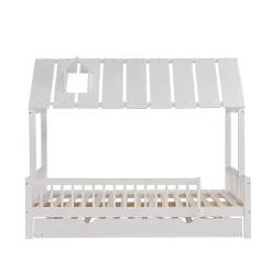Okwish Lit Gigogne 120x200 cm Cabane enfant avec Tiroirs Rangement, Toit Cheminée, Protection Anti-Chute, Bois, Blanc, Sans Matelas* Lit Gigogne