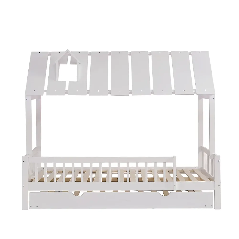 Okwish Lit Gigogne 120x200 cm Cabane enfant avec Tiroirs Rangement, Toit Cheminée, Protection Anti-Chute, Bois, Blanc, Sans Matelas* Lit Gigogne