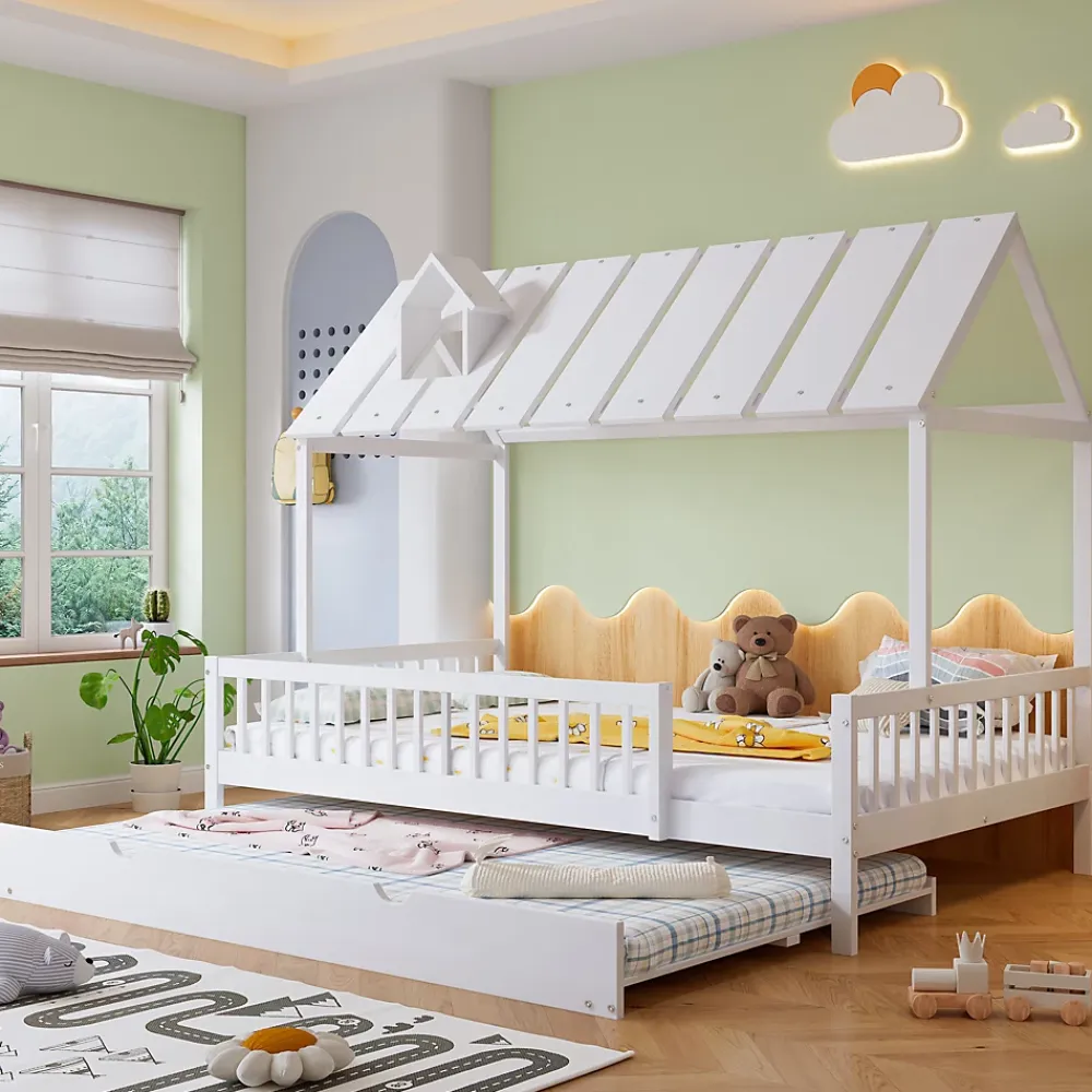 Okwish Lit Gigogne 120x200 cm Cabane enfant avec Tiroirs Rangement, Toit Cheminée, Protection Anti-Chute, Bois, Blanc, Sans Matelas* Lit Gigogne