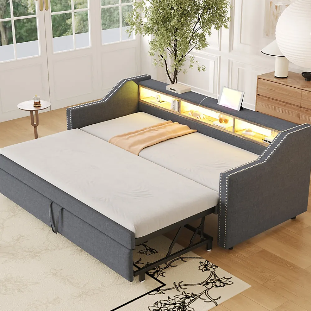 Lit Gigogne 90/180x190 cm capitonné - avec Led, Usb et Rangement, Sans Matelas, en Tissu Gris Foncé>Okwish Outlet