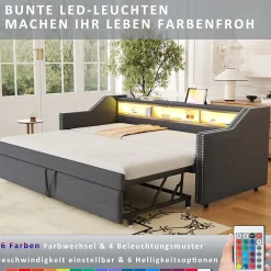 Lit Gigogne 90/180x190 cm capitonné - avec Led, Usb et Rangement, Sans Matelas, en Tissu Gris Foncé><noscript><img width=