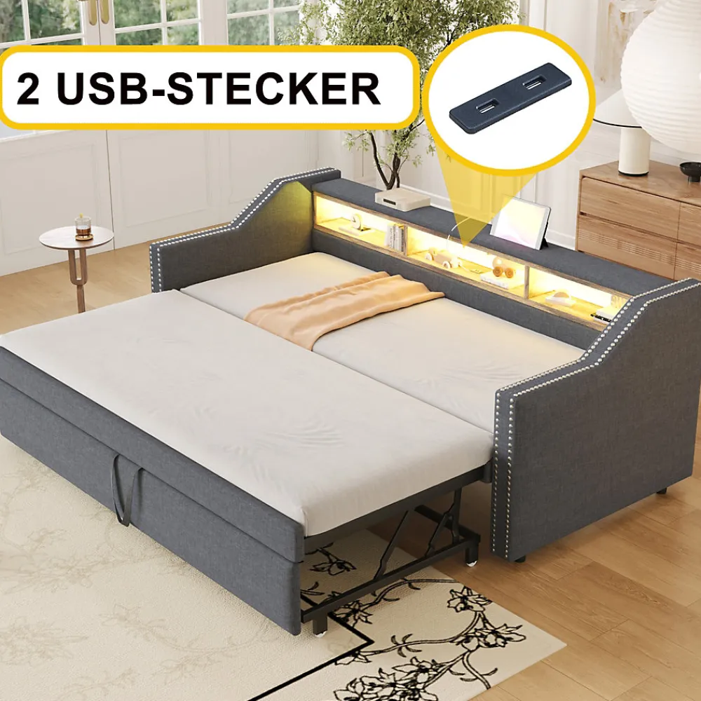 Lit Gigogne 90/180x190 cm capitonné - avec Led, Usb et Rangement, Sans Matelas, en Tissu Gris Foncé>Okwish Outlet
