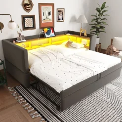 Lit gigogne 90/180x190 cm capitonné avec tiroirs, espaces de rangement, éclairage LED et prises intégrées - gris foncé>Okwish Hot