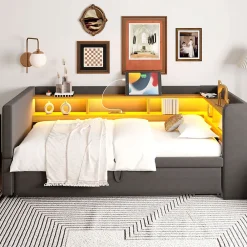 Lit gigogne 90/180x190 cm capitonné avec tiroirs, espaces de rangement, éclairage LED et prises intégrées - gris foncé>Okwish Hot