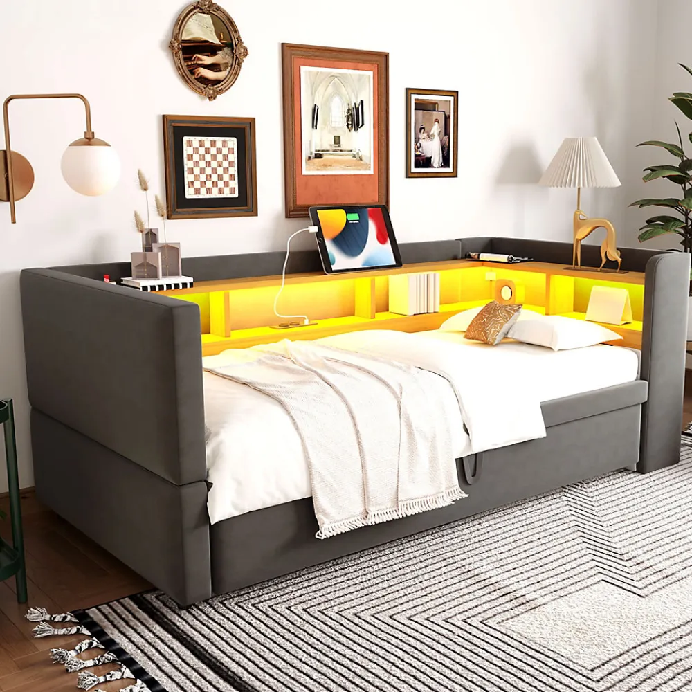 Lit gigogne 90/180x190 cm capitonné avec tiroirs, espaces de rangement, éclairage LED et prises intégrées - gris foncé>Okwish Hot