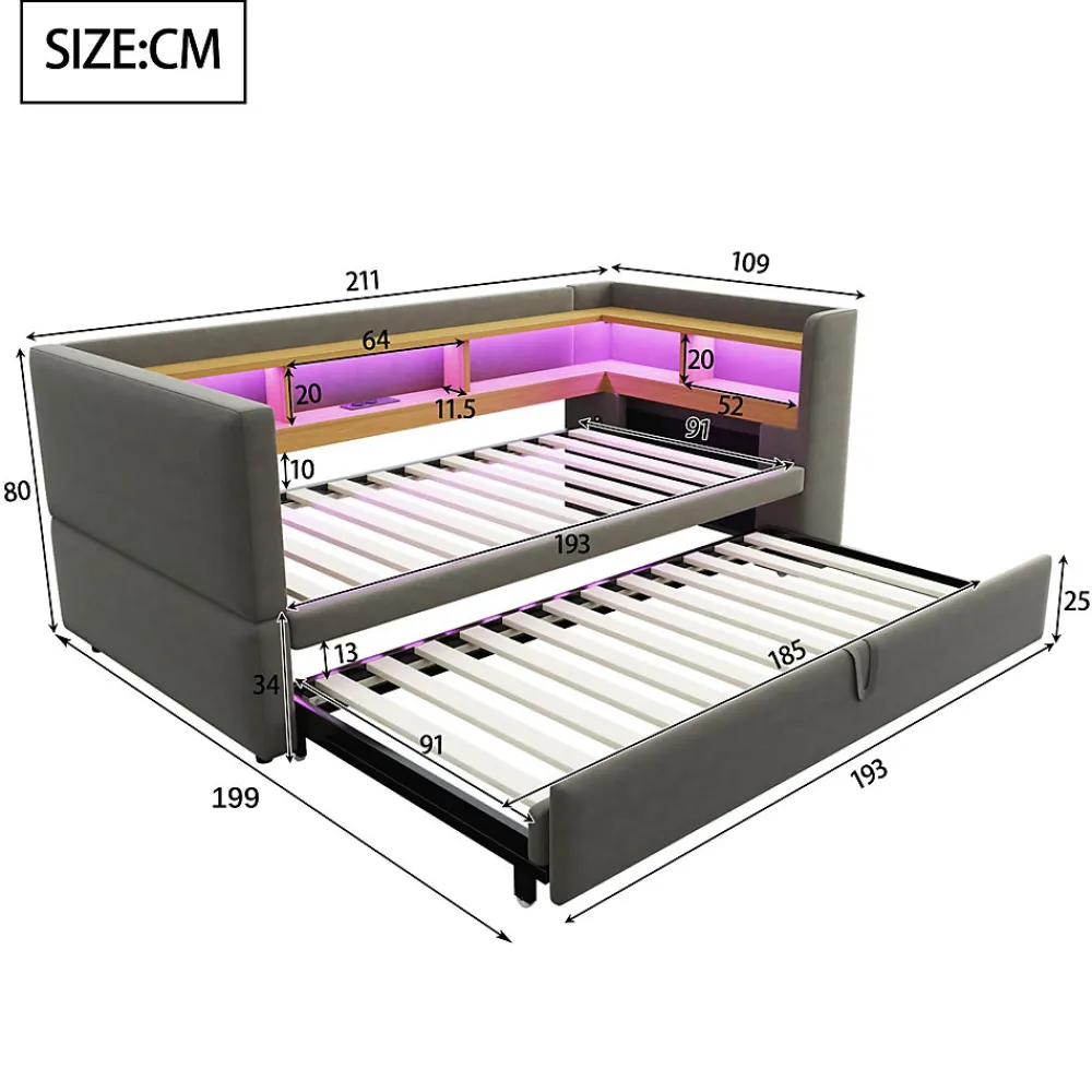 Lit gigogne 90/180x190 cm capitonné avec tiroirs, espaces de rangement, éclairage LED et prises intégrées - gris foncé>Okwish Hot