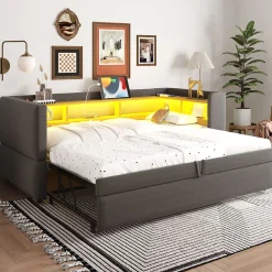 Lit gigogne 90/180x190 cm capitonné avec tiroirs, espaces de rangement, éclairage LED et prises intégrées - gris foncé><noscript><img width=