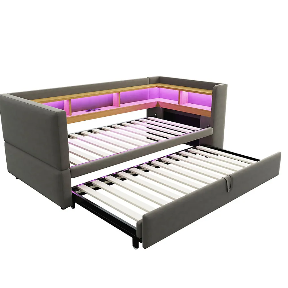 Lit gigogne 90/180x190 cm capitonné avec tiroirs, espaces de rangement, éclairage LED et prises intégrées - gris foncé>Okwish Hot