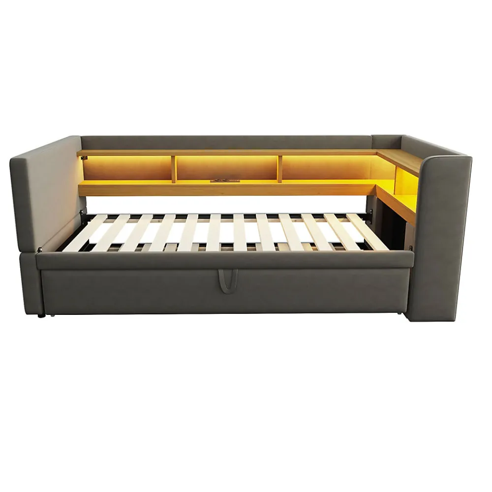 Lit gigogne 90/180x190 cm capitonné avec tiroirs, espaces de rangement, éclairage LED et prises intégrées - gris foncé>Okwish Hot
