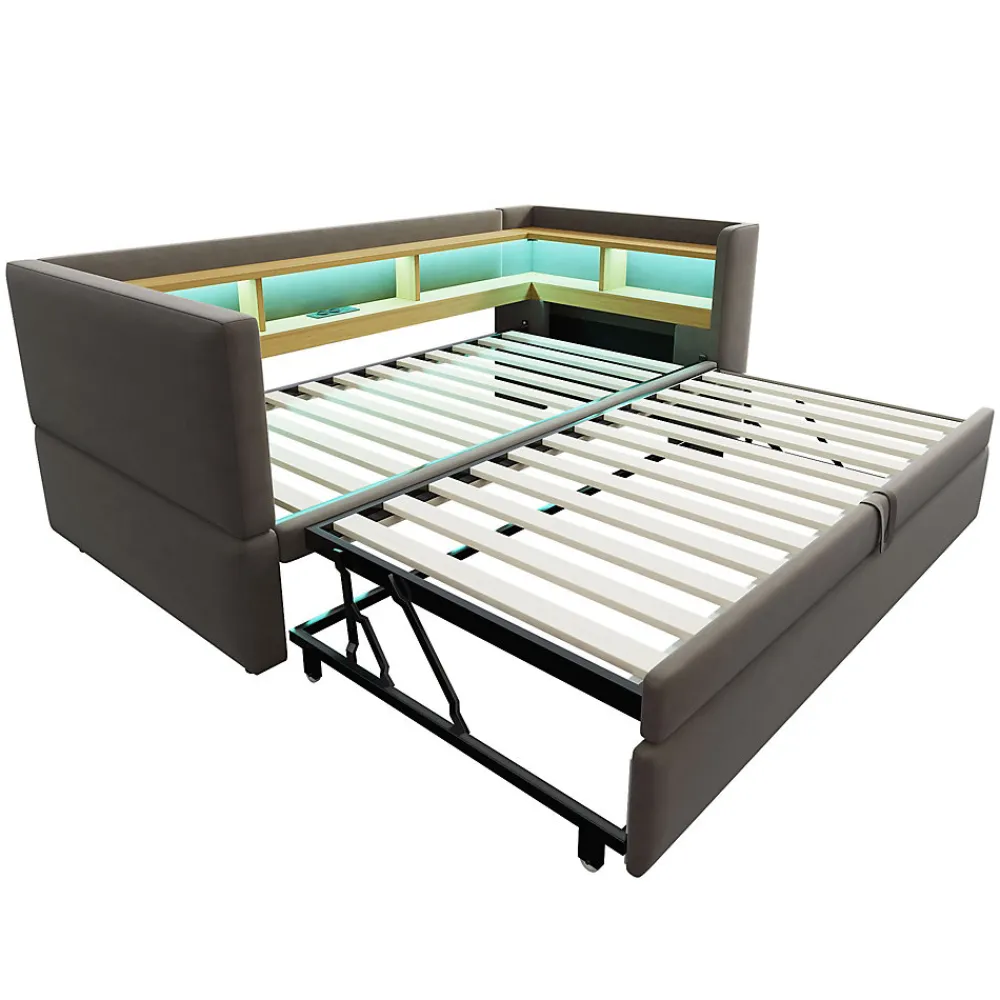 Lit gigogne 90/180x190 cm capitonné avec tiroirs, espaces de rangement, éclairage LED et prises intégrées - gris foncé>Okwish Hot