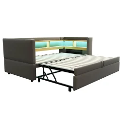 Lit gigogne 90/180x190 cm capitonné avec tiroirs, espaces de rangement, éclairage LED et prises intégrées - gris foncé><noscript><img width=