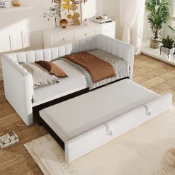 Okwish Lit gigogne 90x200 cm capitonné extensible 180x200 cm avec tiroir et sommier - 2 couchages - velours blanc - sans matelas* Lit Gigogne