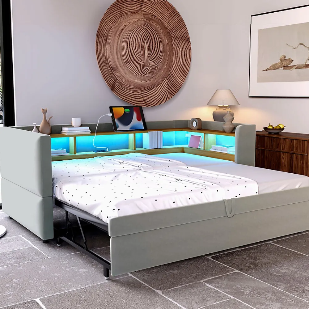Lit Gigogne 90/180x190 cm Convertible avec LED et Prise USB, Rangement sous le Lit, Tissu Flanelle Gris Clair, Sans Matelas>Okwish Discount
