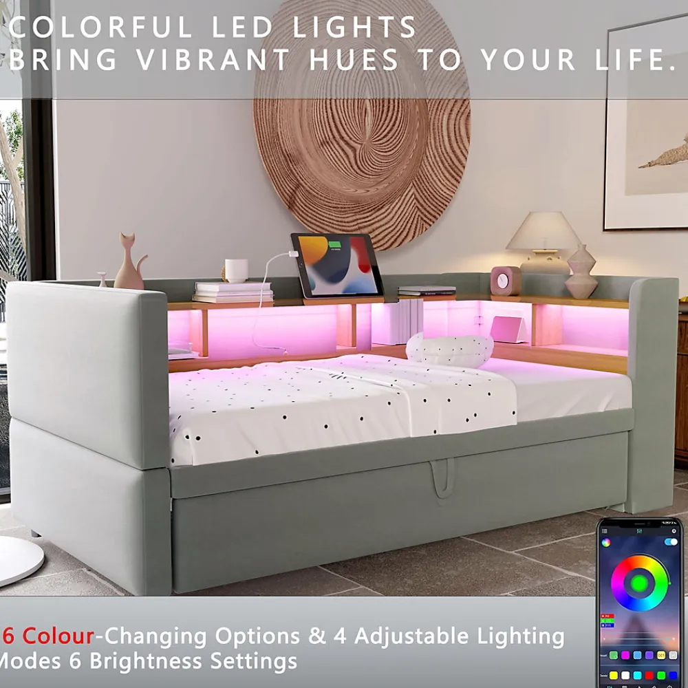 Lit Gigogne 90/180x190 cm Convertible avec LED et Prise USB, Rangement sous le Lit, Tissu Flanelle Gris Clair, Sans Matelas>Okwish Discount