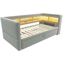 Lit Gigogne 90/180x190 cm Convertible avec LED et Prise USB, Rangement sous le Lit, Tissu Flanelle Gris Clair, Sans Matelas><noscript><img width=