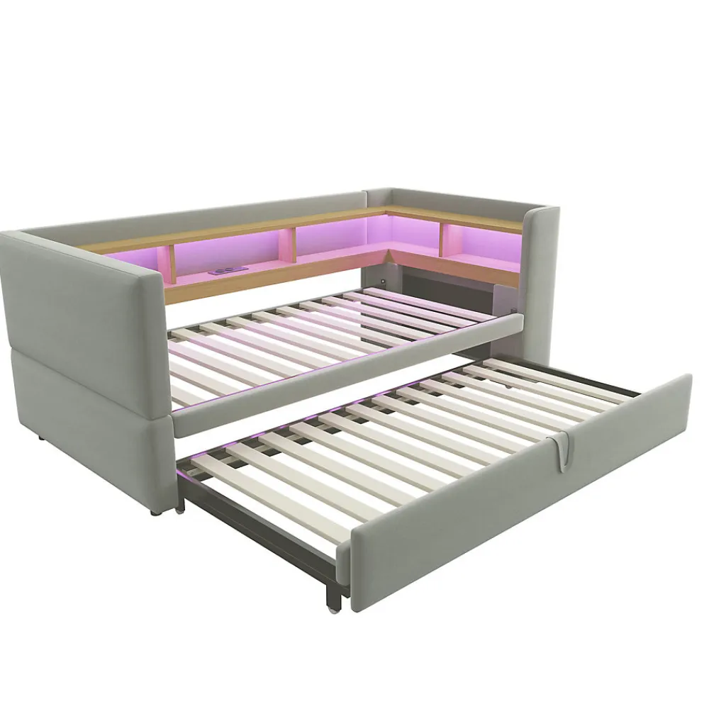 Lit Gigogne 90/180x190 cm Convertible avec LED et Prise USB, Rangement sous le Lit, Tissu Flanelle Gris Clair, Sans Matelas>Okwish Discount