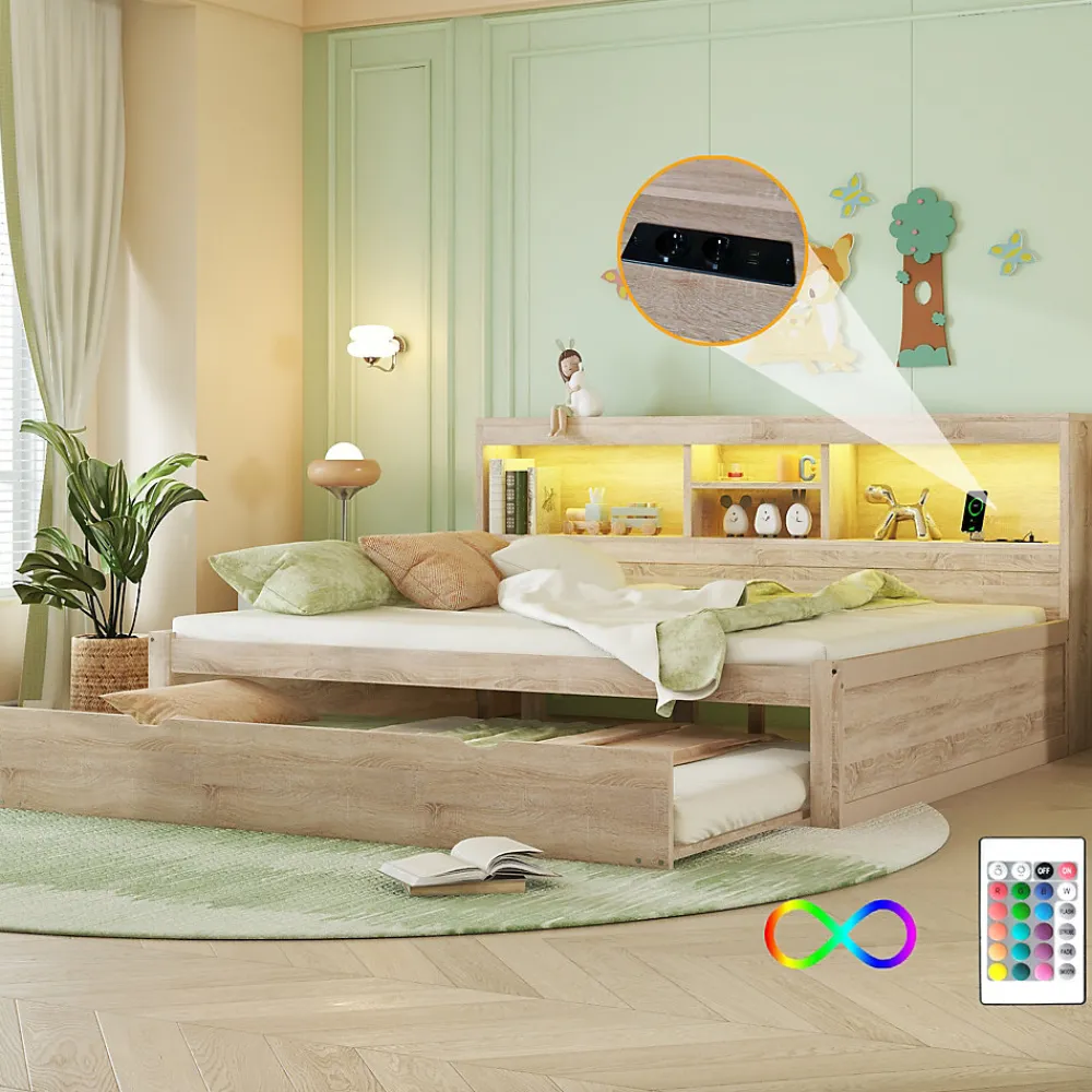 Lit gigogne 140x200 cm double avec tiroir coulissant, LED télécommandée, ports USB, prise électrique et rangement - bois naturel>Okwish New