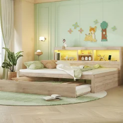 Lit gigogne 140x200 cm double avec tiroir coulissant, LED télécommandée, ports USB, prise électrique et rangement - bois naturel><noscript><img width=