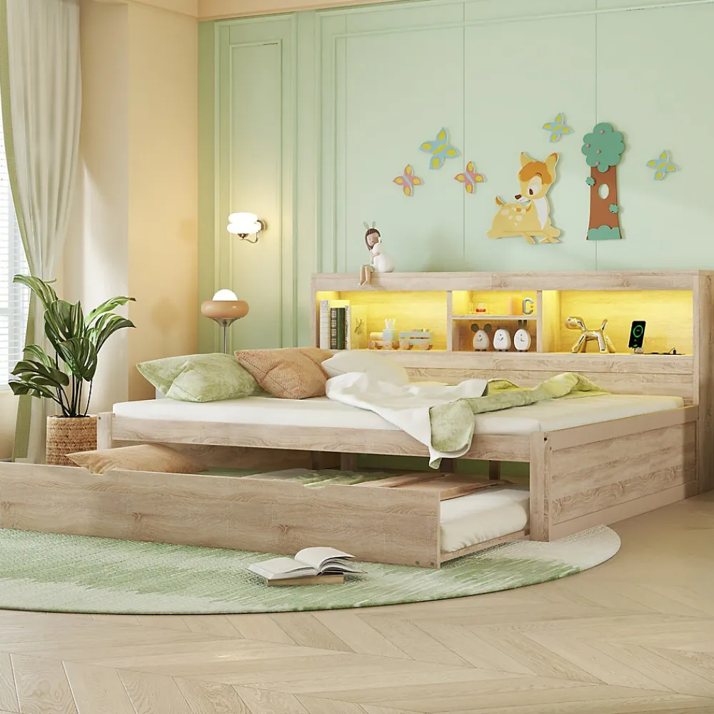 Lit gigogne 140x200 cm double avec tiroir coulissant, LED télécommandée, ports USB, prise électrique et rangement - bois naturel>Okwish New