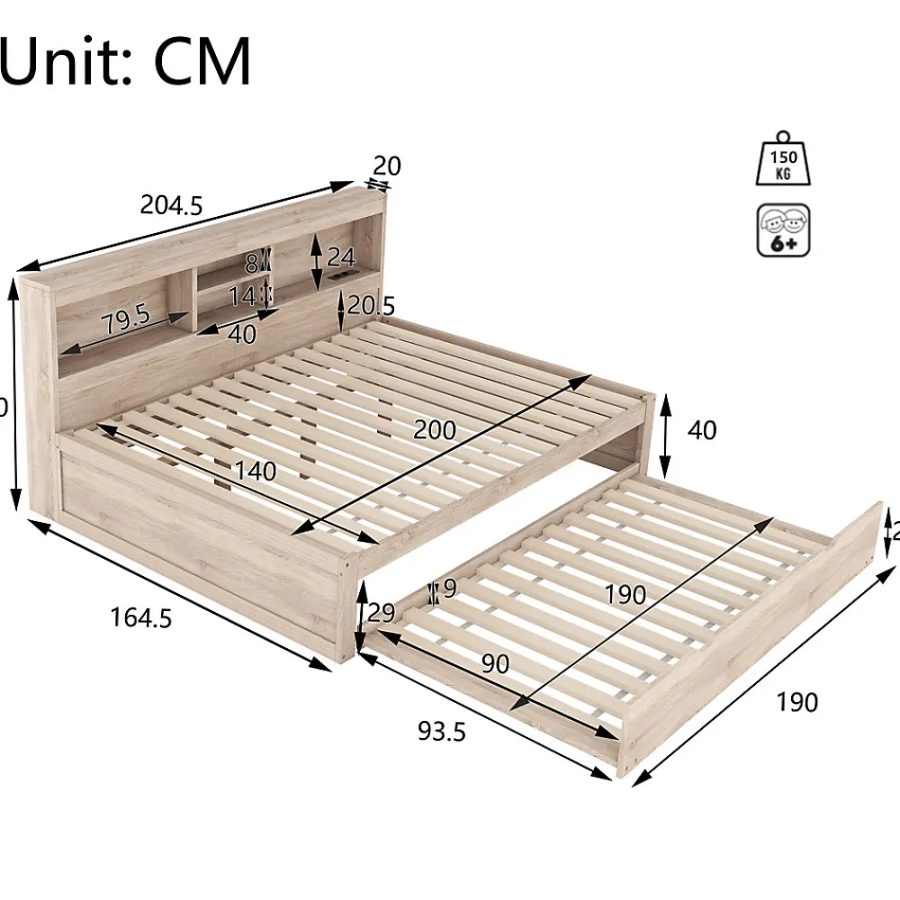 Lit gigogne 140x200 cm double avec tiroir coulissant, LED télécommandée, ports USB, prise électrique et rangement - bois naturel>Okwish New