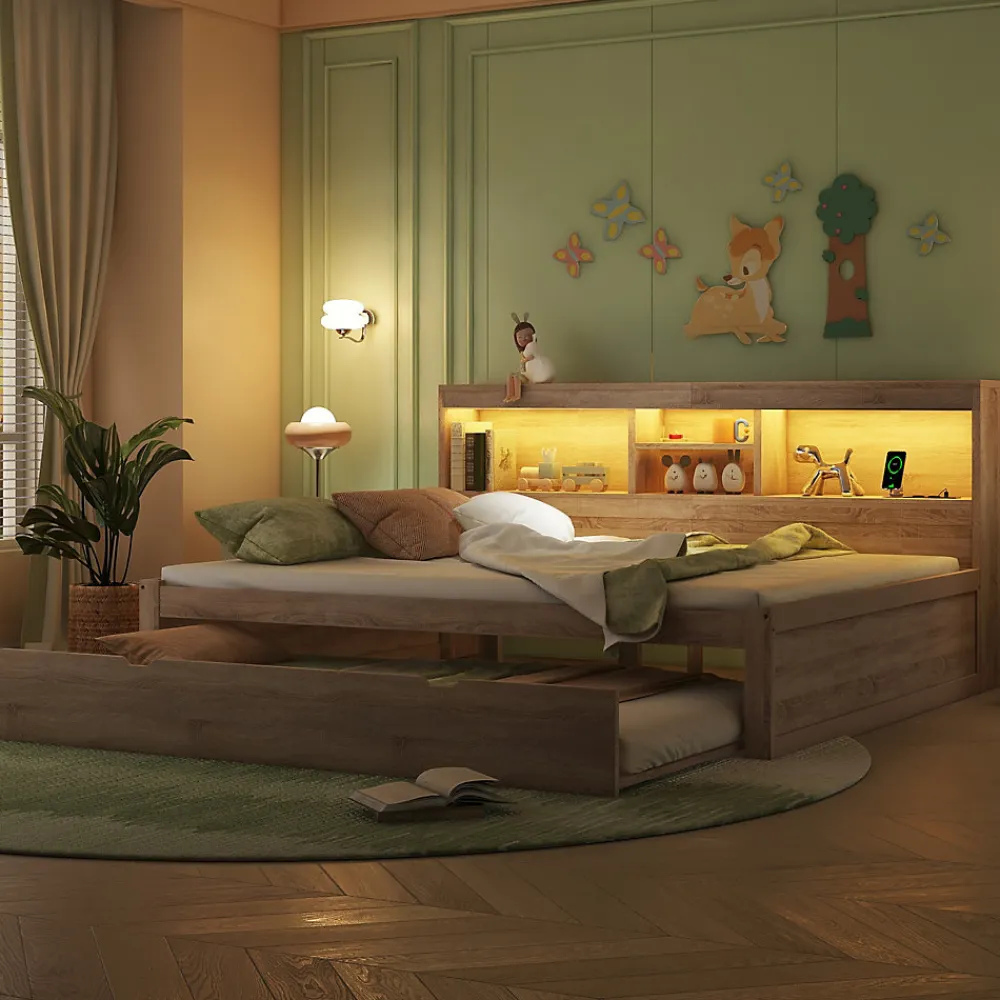 Lit gigogne 140x200 cm double avec tiroir coulissant, LED télécommandée, ports USB, prise électrique et rangement - bois naturel>Okwish New