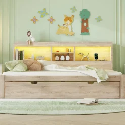 Lit gigogne 140x200 cm double avec tiroir coulissant, LED télécommandée, ports USB, prise électrique et rangement - bois naturel><noscript><img width=