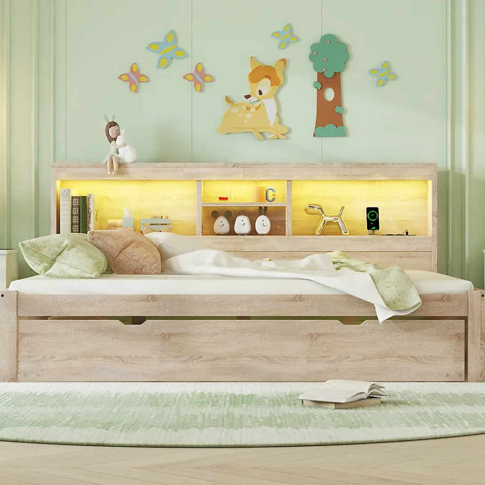 Lit gigogne 140x200 cm double avec tiroir coulissant, LED télécommandée, ports USB, prise électrique et rangement - bois naturel>Okwish New