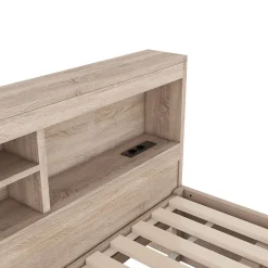 Lit gigogne 140x200 cm double avec tiroir coulissant, LED télécommandée, ports USB, prise électrique et rangement - bois naturel><noscript><img width=