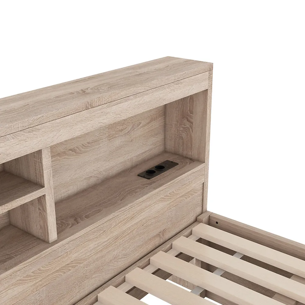 Lit gigogne 140x200 cm double avec tiroir coulissant, LED télécommandée, ports USB, prise électrique et rangement - bois naturel>Okwish New
